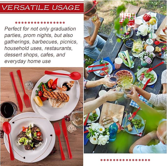 Plastic Silverware Set, 300 Pieces, Heavy Duty Red Knives Forks Spoons