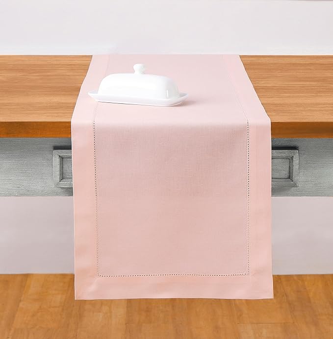 Solino Home Pink Table Runner 60 Inches - Cotton Linen Hemstitch Coffee Table Runner 14 x 60 Inch Ideal for Dresser Tables - Fall, Autumn, Halloween, Thanksgiving, Christmas