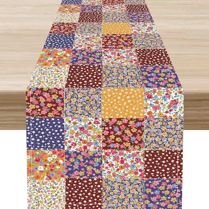 Patchwork Table Runner, Boho Vintage Floral Checkered Plaid Bohemian Paisley Flower Farmhouse Table Center Decor for Home Kitchen Dining Patio Holiday Party Indoor Table Decorations, 13"x36" Inch