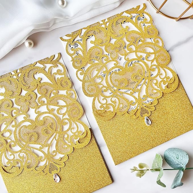 Hosmsua 50PCS Blank Wedding Invitation Cards 5 x 7.3 Inch Gold Laser Cut Hollow Heart Floral Invitation with Rhinestone pockets invitations for Engagement Quinceanera Invite (Gold Glitter)