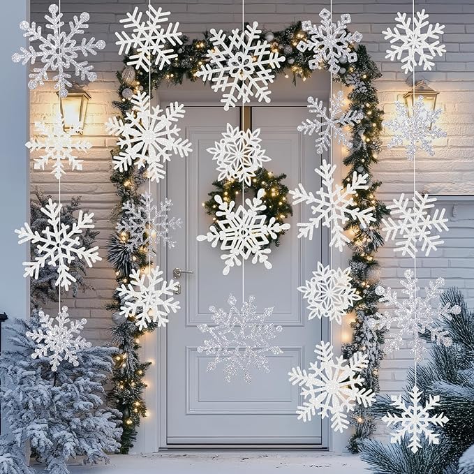 Winter Snowflake Cutouts Glitter Paper Snowflake Decorations - 100Pcs White and Silver Snow Flake Double-Side Christmas Cutouts for Holiday Winter Wonderland Bulletin Board, Frozen Party Decor
