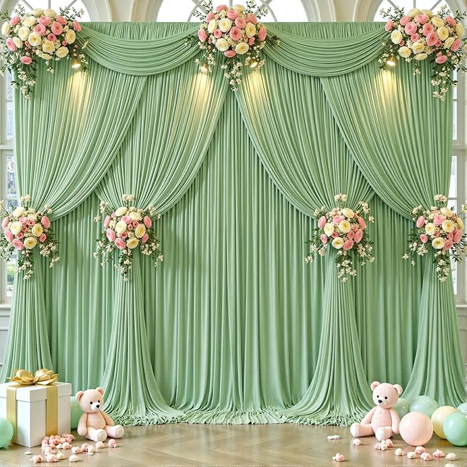 Backdrop Curtain Set, Sage Green, 10 Panels, Wrinkle-Free Fabric