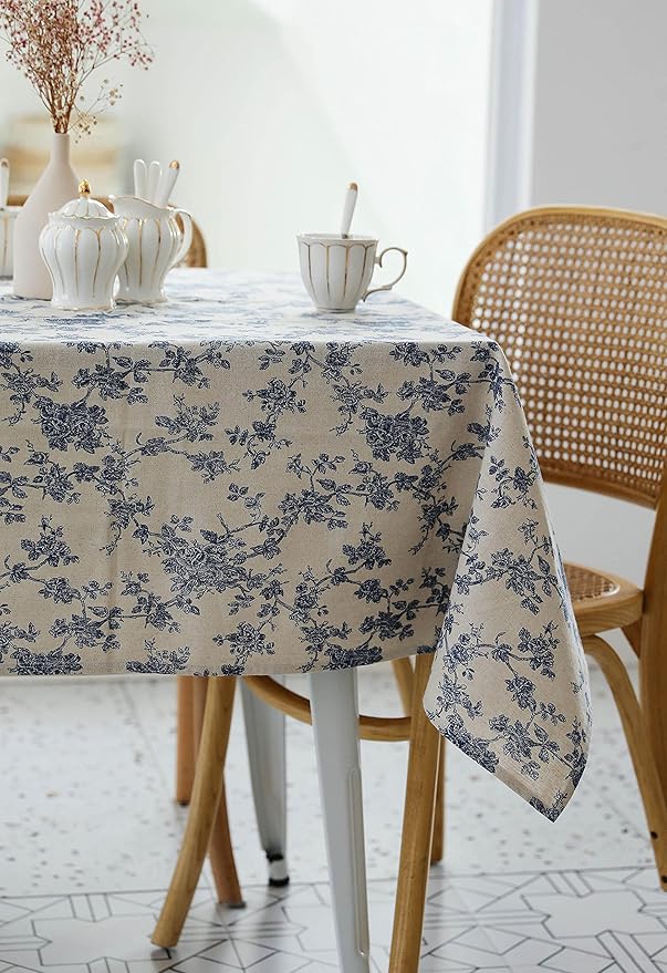 Pastoral Square Tablecloth - 52 x 52 Inch - Beige Linen Table Cloth - Washable Table Cover with Dust-Proof Wrinkle Resistant for Restaurant, Picnic, Indoor and Outdoor Dining, Floral (Dark Blue)