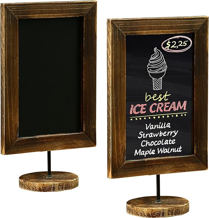 MyGift Set of 2, 12 Inch Chalkboard Sign with Burnt Wood Rectangular Frame and Round Base, Rustic Wedding Table Place Card Signage, Small Kitchen Countertop Memo Board