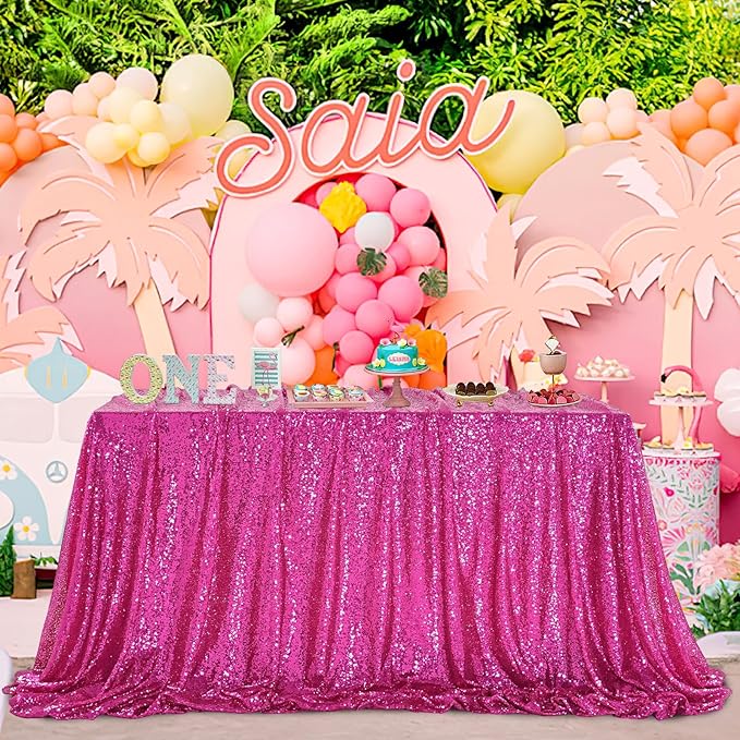 QueenDream Rectangular Sequin Tablecloth 90 x 132 inch Sparkly Patio Table Cloth for Spring Party Wedding Baby Shower Table Decoration Fuchsia
