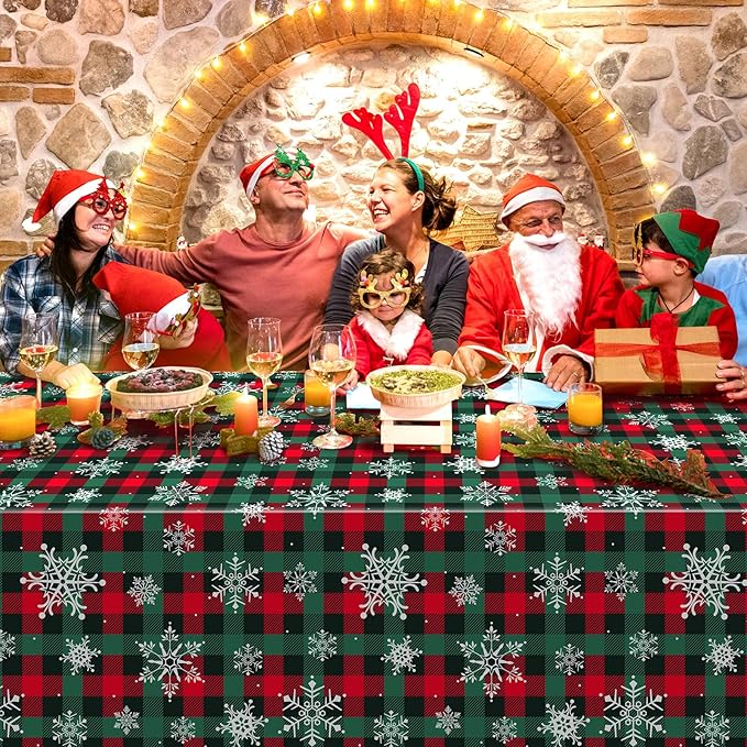 6Pcs Christmas Buffalo Plaid Snowflake Party Tablecloths Decorations,Plastic Red and Green Checkered Rectangle Table Cover for Winter Christmas New Year Birthday Holiday Party Decorations,54x108 inch