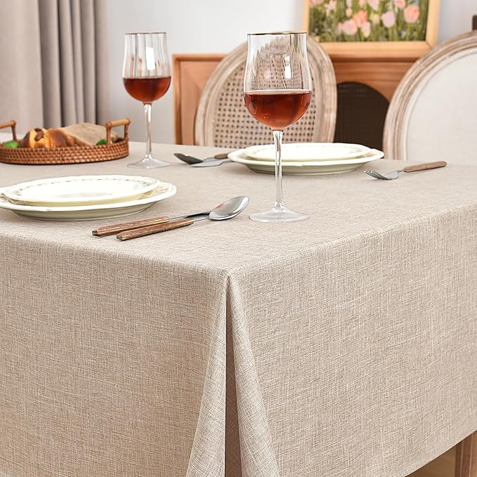 Fitable Faux Linen Beige Tablecloths for Rectangle Tables - 90 x 132 Inch - 6 Pack Fabric Textured Washable Table Clothes Floor Lenghth Table Covers for Wedding, Party, Banquet, Birthday