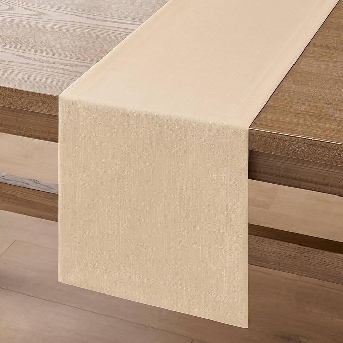 ZeeMart Linen Textured Border Table Runner, 14 x 108 Inch Oatmeal, Farmhouse Style Beige Table Runners 108 Inches Long, Easy Care Everyday Polyester Table Runner