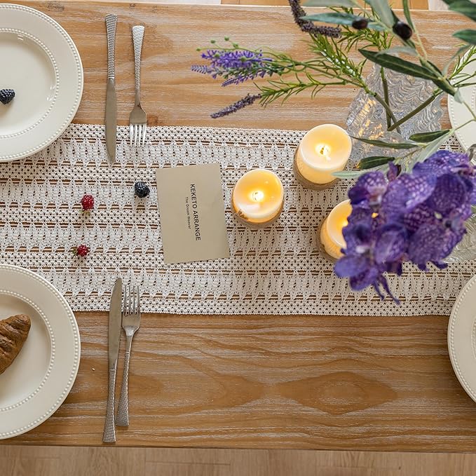 Keketo Boho Table Runner White for Home Décor 12x72 Inches Farmhouse Macrame Burlap Jute Rustic Dining Kitchen Centerpiece Bohemian Decor French Country Bridal Shower Decorations