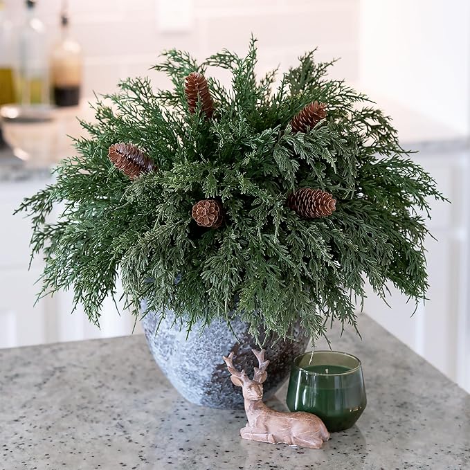 Artificial Pine Branches, 12 Cedar Stems and 5 Pinecone Stems, Plastic