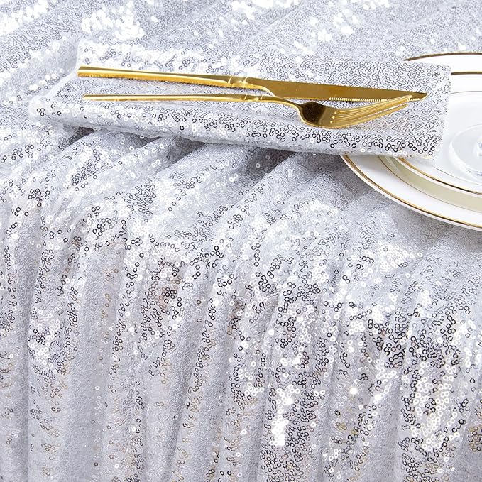 QueenDream Sequin Tablecloth Silver Rectangle Table Cloth - 50x80 Inch Glitter Fabric Overlay for Birthday Wedding Party