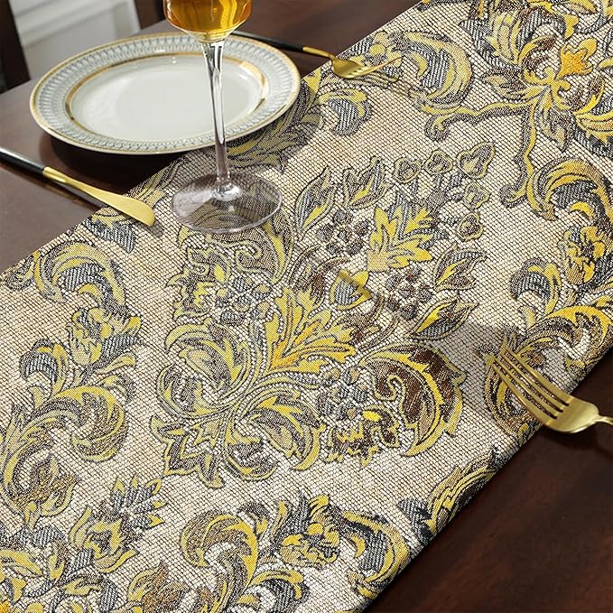 Luxury Table Runner Chenille Embroidered Jacquard Triangle with Pretty Tassels - Beige 13x60 inches