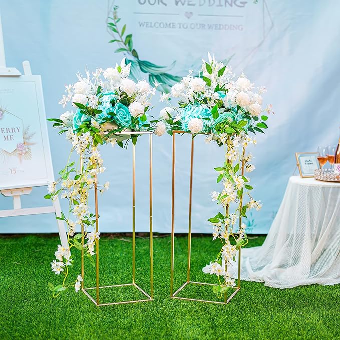 Gold Metal Flower Vase Stand, 31.5-Inch Square Centerpiece Holder