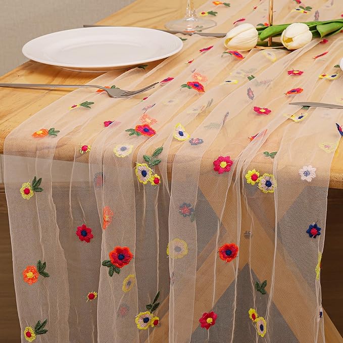 BINBE 6pcs Champagne Daisy Fall Table Runner Embroidery Gauze 10FT Florals Seasonal Tulle Holiday Birthday Kitchen Dining Table Decor for Home Party