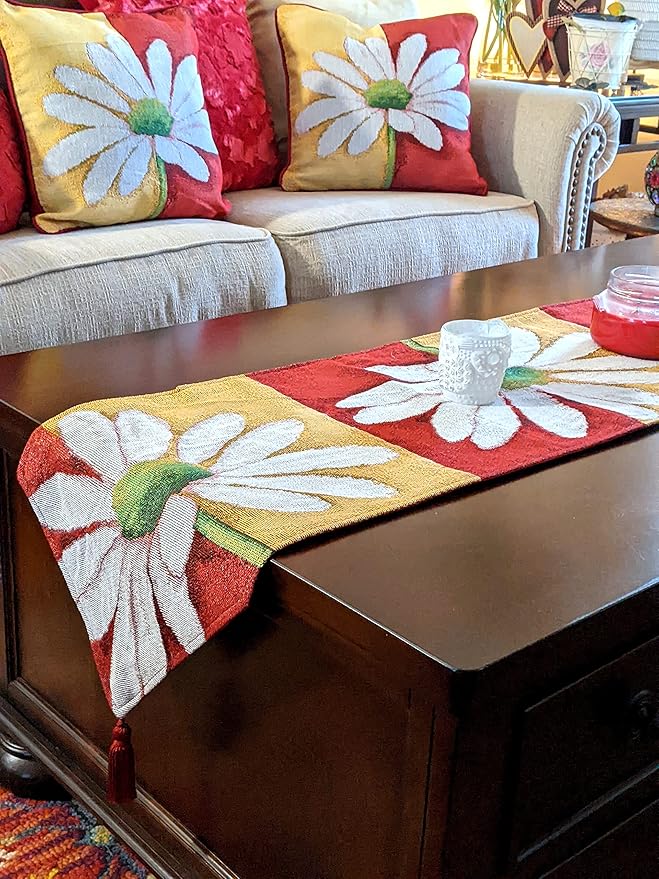 Tache Home Fashion DB9046TR-13X48 Colorful Red & Yellow Daisy Flower Loves Me Not Tapestry Table Runner 48 Inch