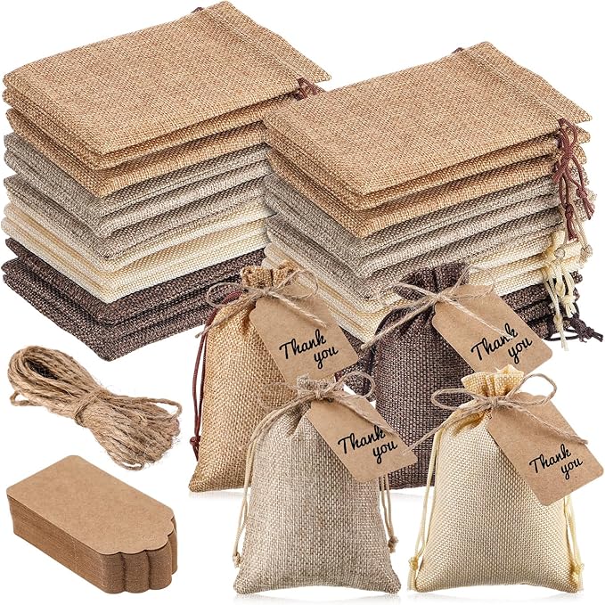 Gift Bags, 100 Burlap Drawstring Favor Bags with Kraft Tags and Hemp Rope