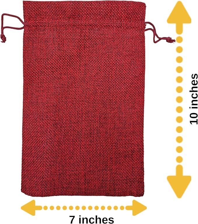 Gift Bags 7x10 Inch Red Burlap with Jute Drawstring, Pack of 50