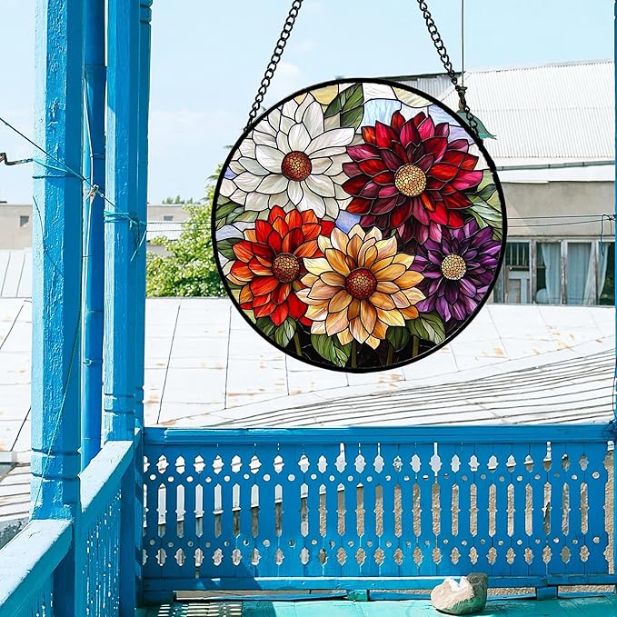 Stained Glass Window Hanging, Colorful Flowers Sun Catcher for Window Door Home Decor Plant Suncatcher Christmas Mother's Day Birthday Gifts for Women Men Mom and Nana 9.8 in