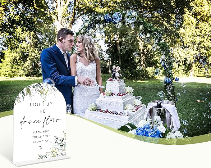 Greenery Glow Stick Sign, 6 x 8 Inch White Arch Acrylic Wedding Sign with Holder, Wedding Sign for Ceremony and Reception, Wedding Decoration, Wedding Supplies - LY22