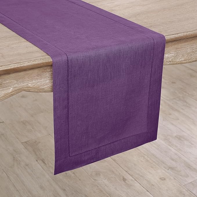 Solino Home Linen Purple Table Runner 48 Inches - Classic Hemstitch, 100% Pure Linen Coffee Table Runner 14 x 48 Inch Ideal for Dresser Tables - Fall, Autumn, Halloween, Thanksgiving, Holiday