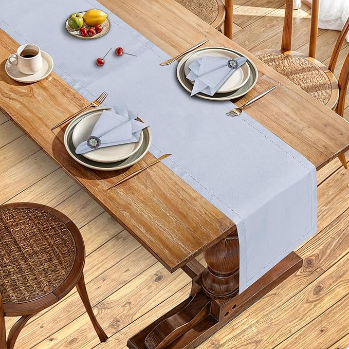 Ruvanti Linen Table Runner 60 Inches, Classic Hemstitch, Washable, Reusable, Non-Slipping, Stain Resistant- Perfect for Parties, Weddings, Dinners, Thanksgiving, Christmas, Indoor use – Arctic Ice