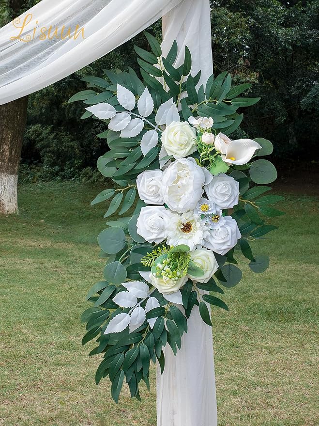 Artificial Flowers Wedding Arch Swag, Ivory White Silk Peony and Rose, 40 Inch