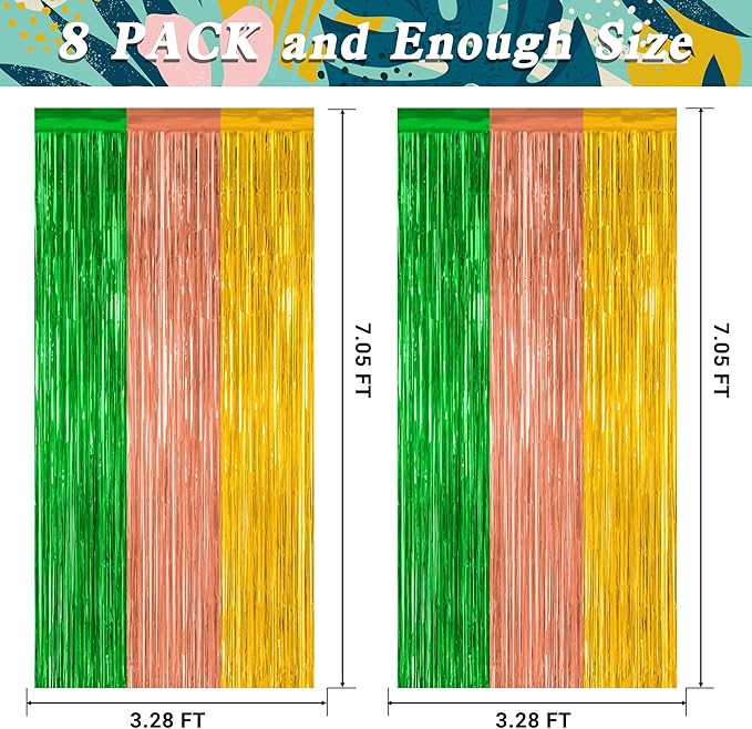 8 Pack Hawaiian Party Decorations, 3.28 FT x 7.05 FT Luau Party Decorations, Green Brown Yellow Backdrop Fringe Curtains Foil Streamer, Metallic Summer Decor Photo Booth Props