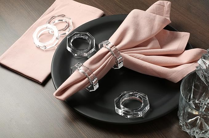 Clear Acrylic Napkin Rings, 12 Pack, Faceted Oval Design