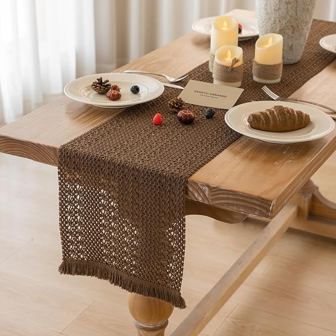 Boho Brown Table Runner for Home Decor 12x90 Inches Farmhouse Macrame Burlap Jute Rustic Dining Kitchen Centerpiece Bohemian Decor French Country Baby Bridal Shower Decorations