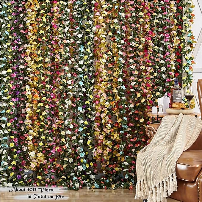 6 Pcs x 8.2 ft Flower Garland Artificial Rose Vine Flowers with Green Leaves Hanging Fake Roses Vine for Room Party Home Wedding Birthday Christmas Wall Arch Decor, Spring Red Flower