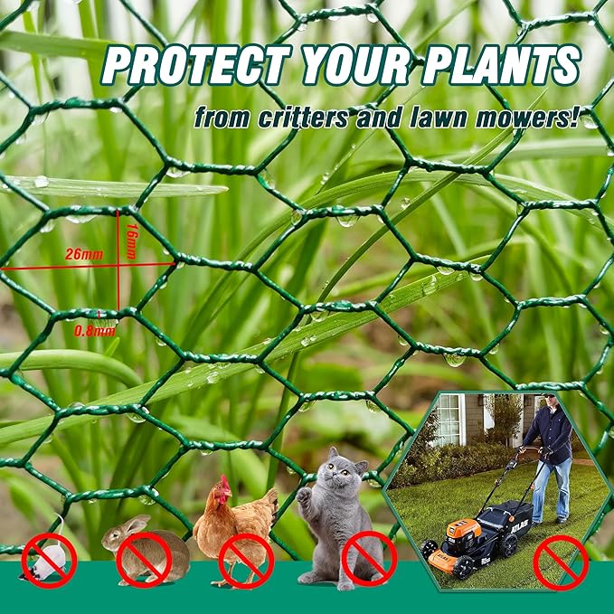 16.4Ft x16In Chicken Wire for Floral Arrangements - Free-Cut Green Metal Mesh with Hexagonal Galvanized PVC Coated Netting Guard Fence for Poultry, Garden, Plant