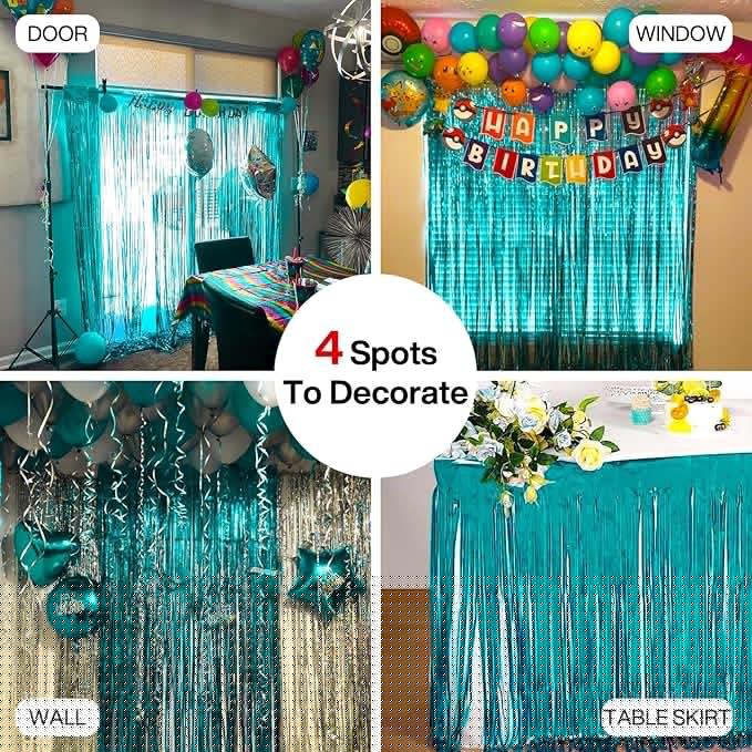 PartyWoo Foil Curtain 2 pcs, 3.3x6.6 ft Metallic Peacock Blue Tinsel Curtains, Backdrop Curtain, Foil Fringe Curtains, String Curtain, Birthday Decorations, Party Backdrop, Wedding Backdrop