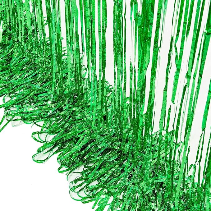 BRAVESHINE Green Metallic Tinsel Foil Fringe Curtains - 2 Pack 3.2 x 8.2 ft Metallic Photo Backdrop for Graduates-Theme/St Patricks Day/Hawaiian/Luau/Dinosaur/Jungle-Theme/Christmas Party Decorations