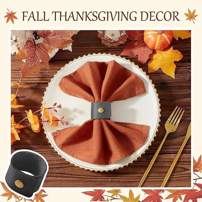 APTWOW Leather Napkin Rings Set of 12 - Fall Thanksgiving Napkin Holder, Black Halloween Vintage Farmhouse Napkin Rings Bulk for Wedding Party Birthday Banquet Table Decor and Daily Use