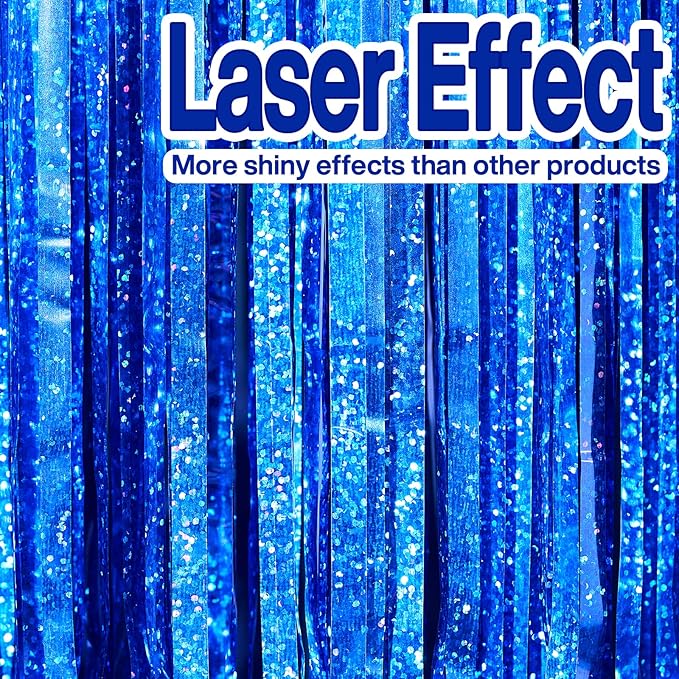 PartyWoo 2 pcs Royal Blue Foil Fringe Curtain, Metallic Foil Tinsel Fringe Backdrop Door Fringe for Birthday Wedding Party Photo Backdrop, Blue Streamers Party Decorations