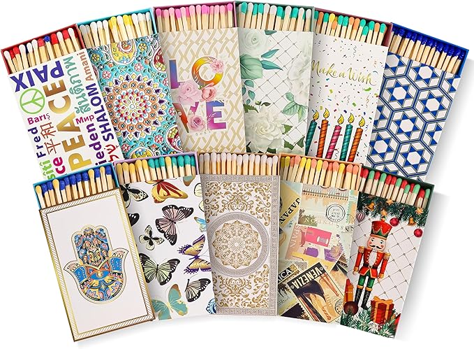 Decorative Matches Box -4-Inch Long Matches for Candles with Strike - Wooden Colorful Candle Sticks with Rainbow Tips - 50 Pc Match Sticks - Matchbox Designs of Your Choice (6 Unique Box Designs)