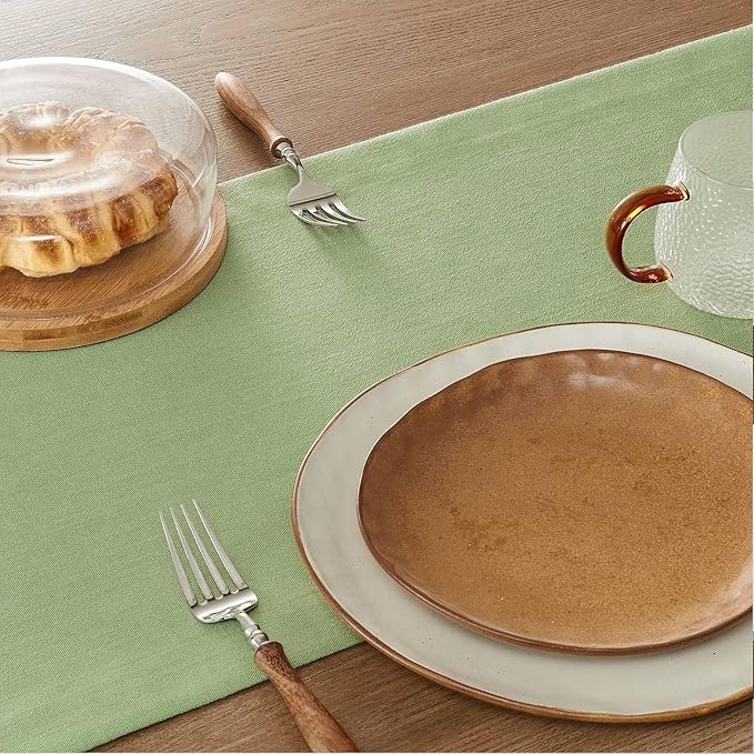 ZeeMart Linen Textured Border Table Runner, 14 x 36 Inch Green, Farmhouse Style Sage Green Table Runners 36 Inches Long, Easy Care Everyday Polyester Table Runner
