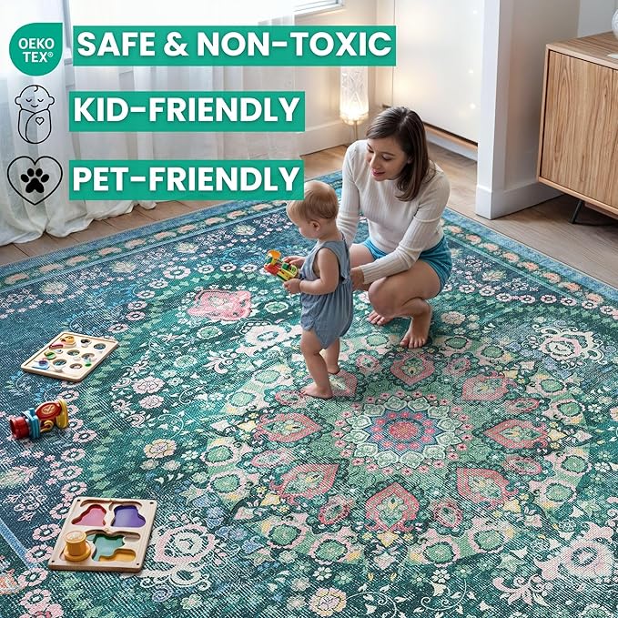 Bloom Rugs Washable Non-Slip 5' x 7' Rug - Green Traditional Medallion Area Rug for Living Room, Bedroom, Dining Room, and Kitchen - Exact Size: 5' x 7'