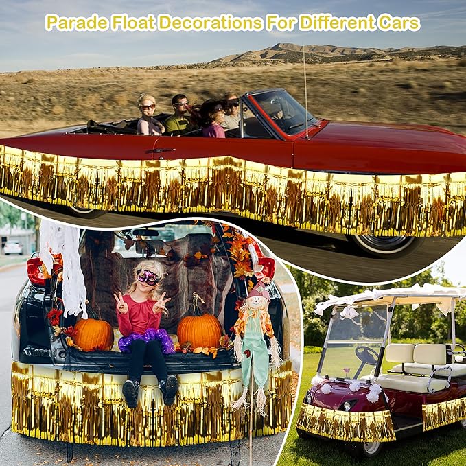 4 Pack Iridescent Float Fringe Curtains, Metallic Foil Fringe Garland Shiny Tassel Foil Float Parade Float Decorations for Trailer Car Graduation Homecoming Outdoor Indoor Party (Gold)