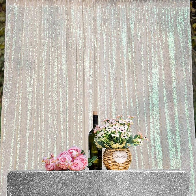 JYFLZQ White Iridescent Sequin Backdrop Curtains 8ft x 8ft 1 Panel Glitter Photo Booth Backdrops Sparkly Photography Background Drapes for Parties Wedding Bridal Showers