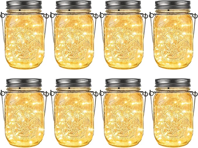 String Lights: Solar Mason Jar Lanterns, 8 Pack with 30 LEDs Each