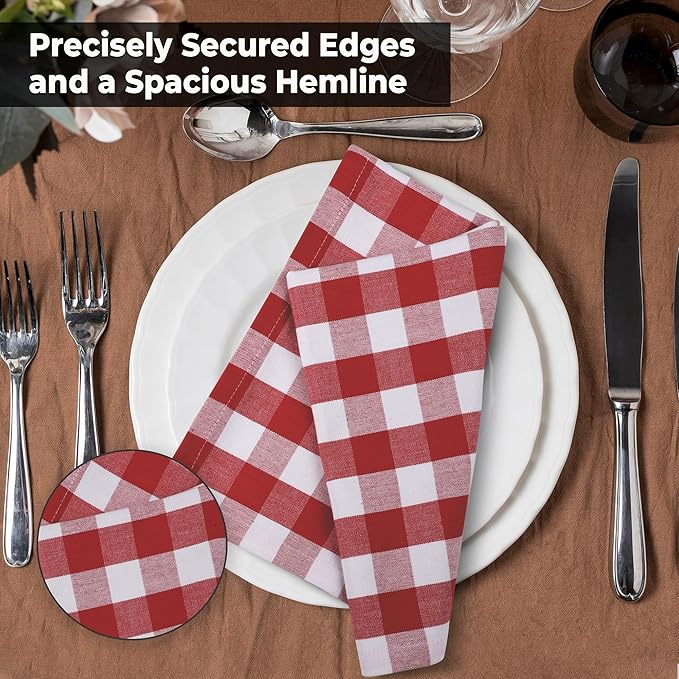 Cloth Dinner Napkins Set of 12, Square Red and White Checkered 100% Cotton