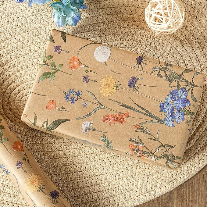 WRAPAHOLIC Kraft Floral Wrapping Paper Roll - Mini Roll - 17 Inch x 33 Feet - Wildflower Wrapping Paper Perfect for Girls Women Birthday, Wedding, Bridal Shower