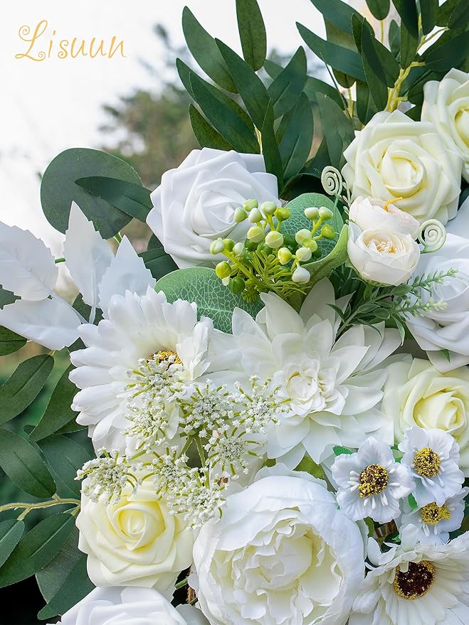 Artificial Flowers Wedding Arch Swag, Ivory White Silk Peony and Rose, 40 Inch