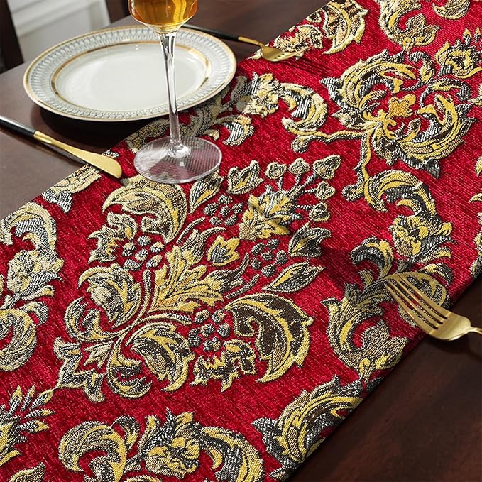 Jacquard Red Table Runner 120" Chenille Decorations for Birthday Wedding Party Handmade Centerpiece