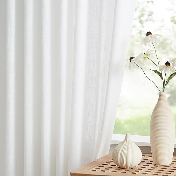 Vision Home White Pinch Pleated Semi Sheer Curtains Textured Light Filtering Window Curtains 112 inch for Living Room Bedroom Patio Rayon Blended Pinch Pleat Drapes with Hooks 1 Panel 60" Wx112 L