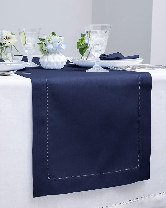 Solino Home Linen Navy Blue Table Runner 120 Inches Long - 100% Pure Linen Hemstitch 14 x 120 Inch Table Runner for Dining, Fall, Autumn, Thanksgiving, Christmas - Classic Hemstitch
