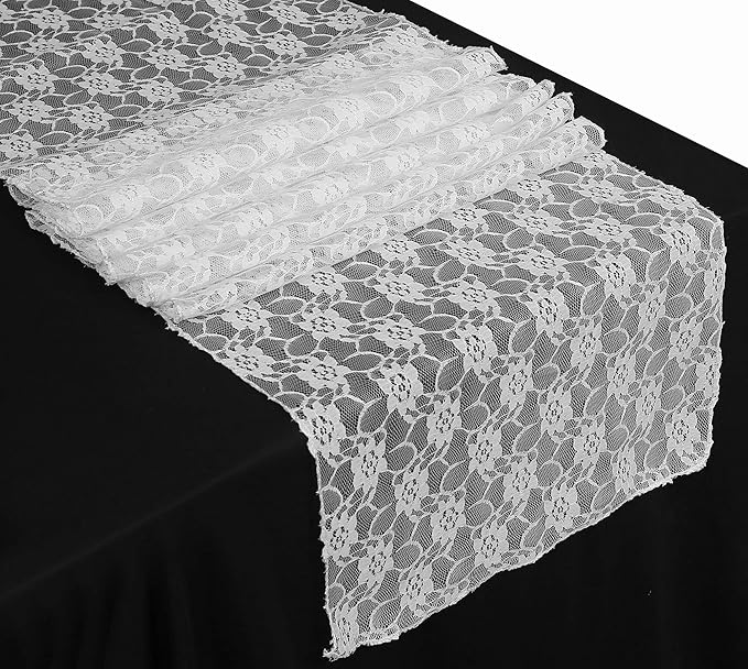 MDS Pack of 25 Wedding 12 x 108 inches Lace Table Runner for Wedding, Decorations for Birthday Parties, Banquets, Graduations, Engagements, and Runners fit Rectangle, Round Table- White