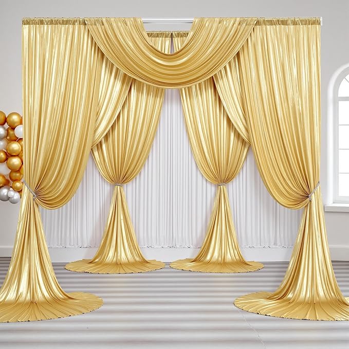 Backdrop Drape with Gold Liquid Metal-Like Sequins, 8 Panels, 40 ft Wide