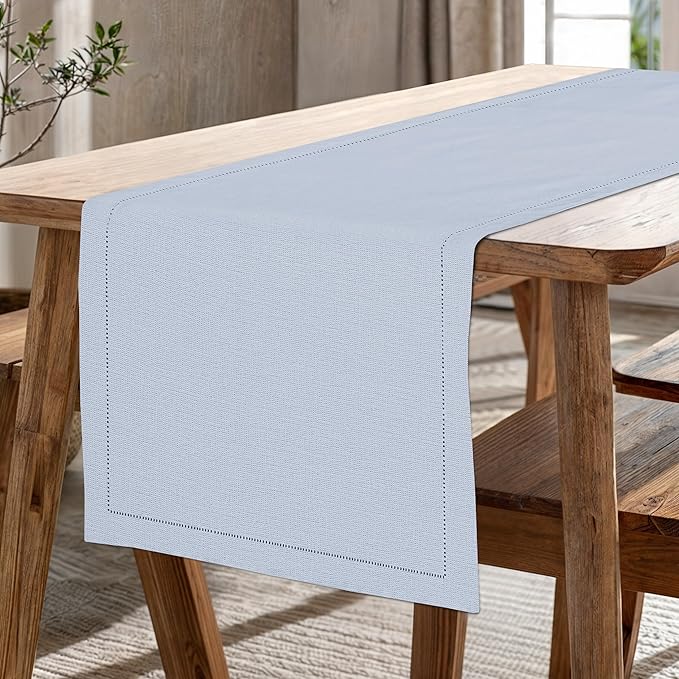Ruvanti Linen Table Runner 72 Inches, Classic Hemstitch, Washable, Reusable, Non-Slipping, Stain Resistant- Perfect for Parties, Weddings, Dinners, Thanksgiving, Christmas, Indoor use – Arctic Ice